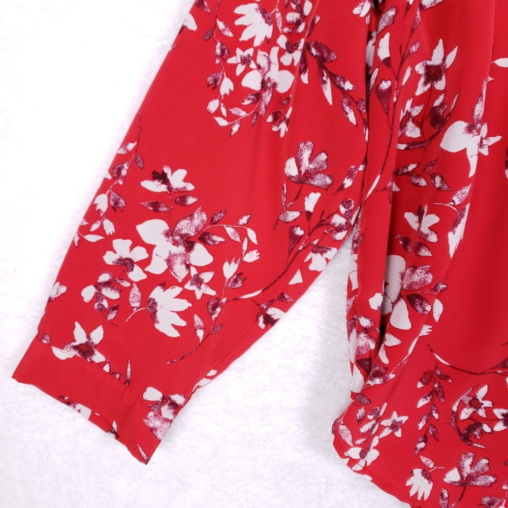 Ava & Viv Red Floral Split Neck Blouse 1X Long Sleeve Plus Size Lightweight - Picture 3 of 10